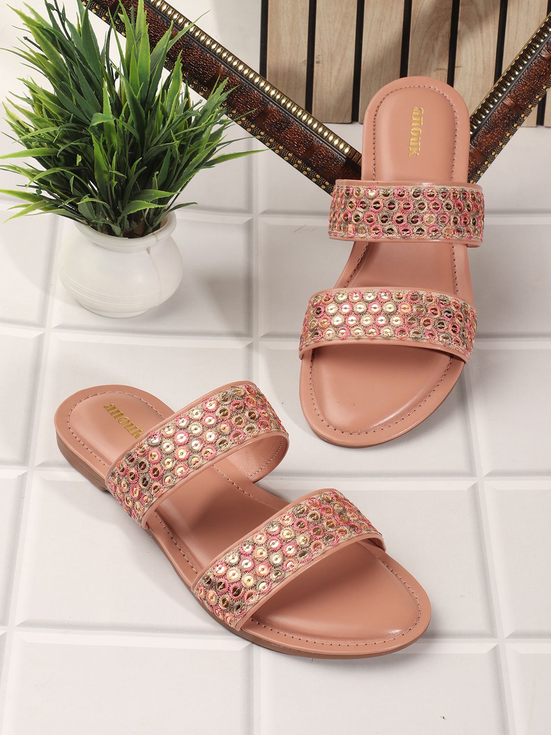 

Anouk Women Embellished Ethnic Open Toe Flats with Embroidered, Peach