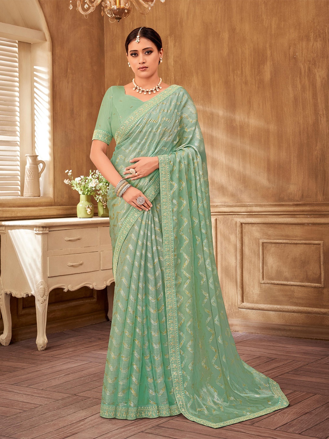 

Laxmipati Striped Poly Chiffon Zari Designer Saree, Sea green
