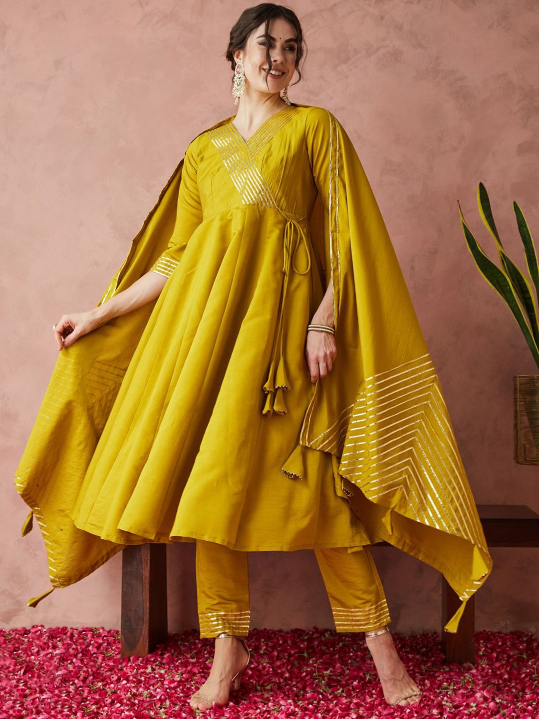 

KAVINDI Empire Gotta Patti Pure Silk Anarkali Kurta with Trousers & Dupatta, Yellow