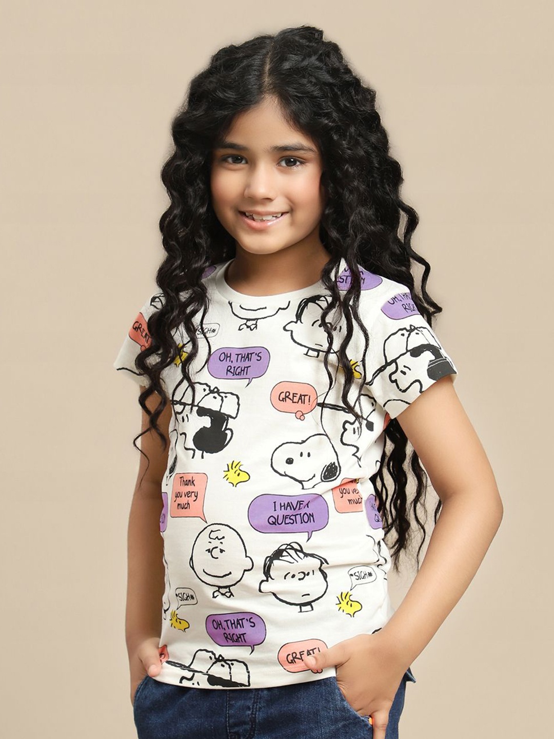 

Kids Ville Girls Peanuts Graphic Printed Pure Cotton Tshirt, Off white