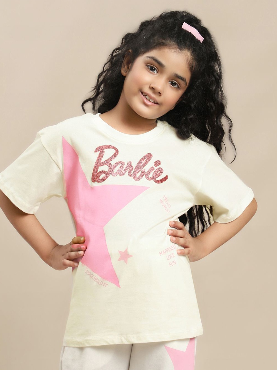 

Kids Ville Girls Barbie Typography Printed Pure Cotton Tshirt, Off white