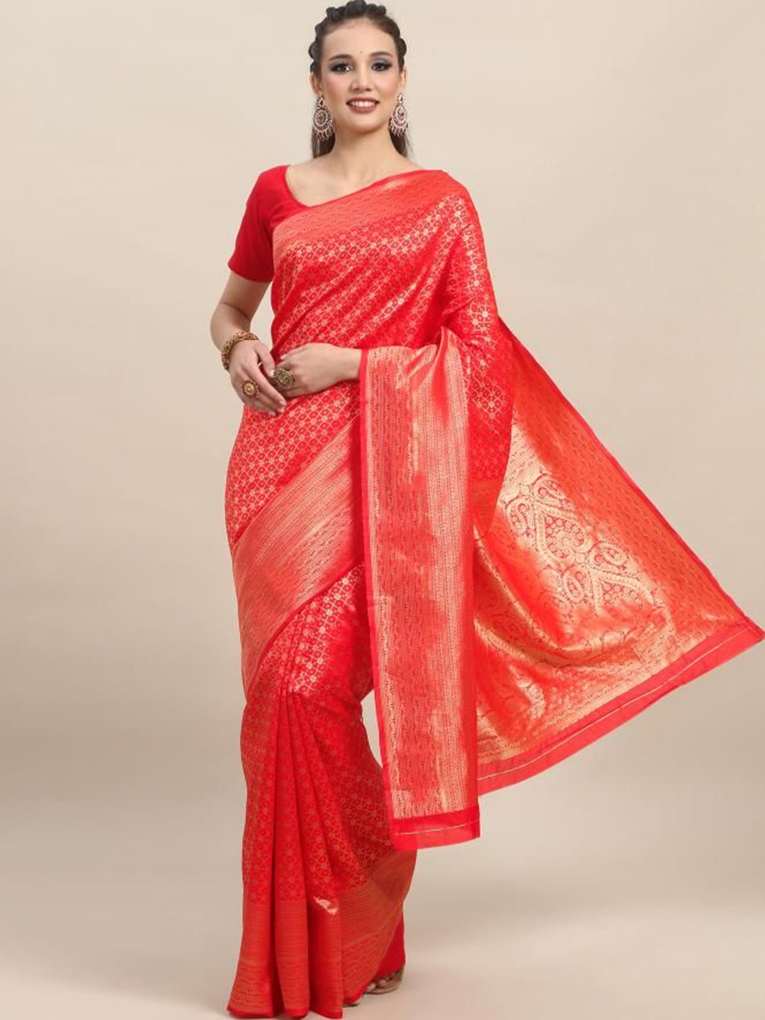 

HANDSEL Woven Design Zari Pure Silk Banarasi Saree, Red