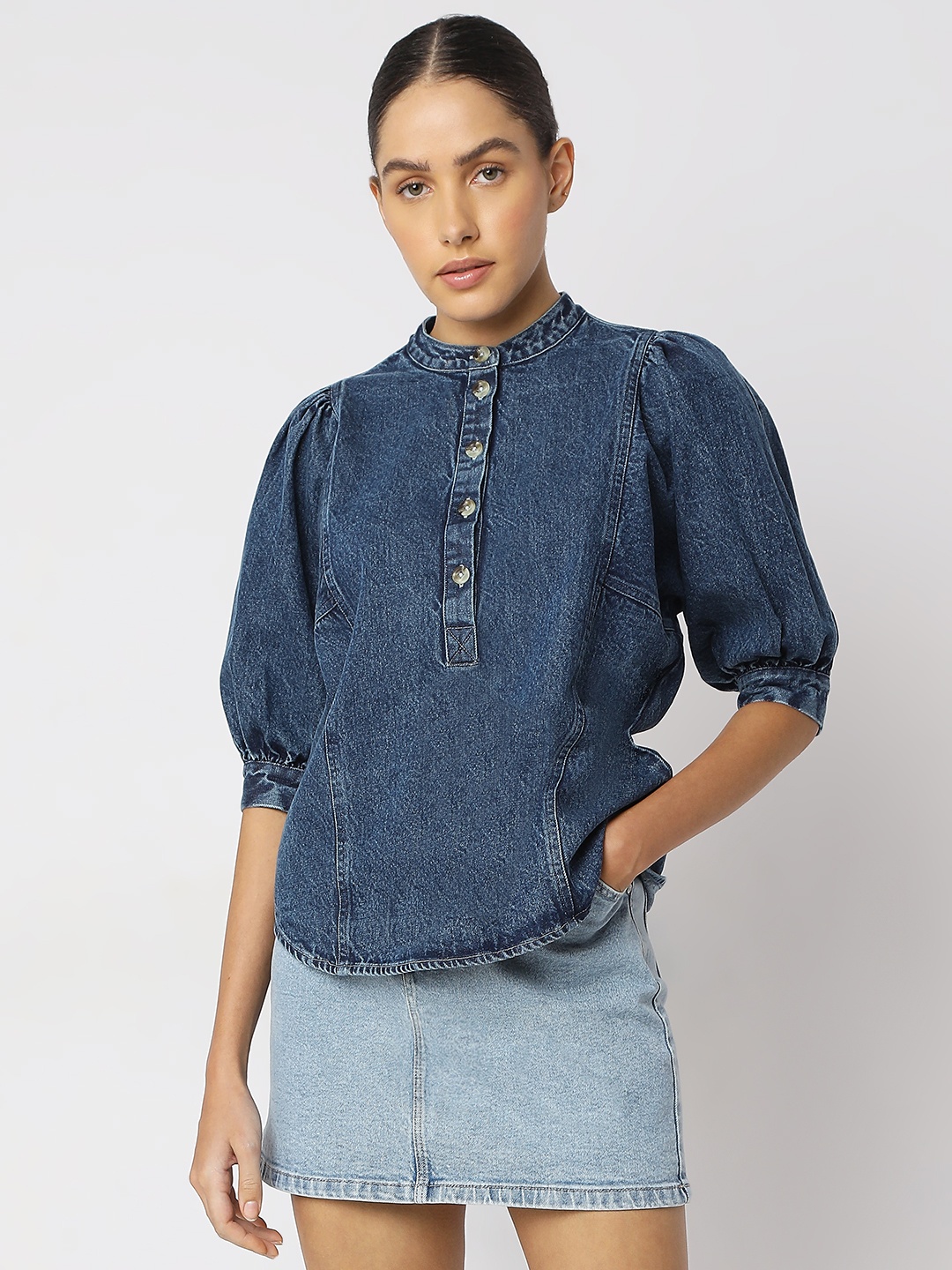 

Vero Moda Women Solid Mandarin Collar Cotton Top, Blue
