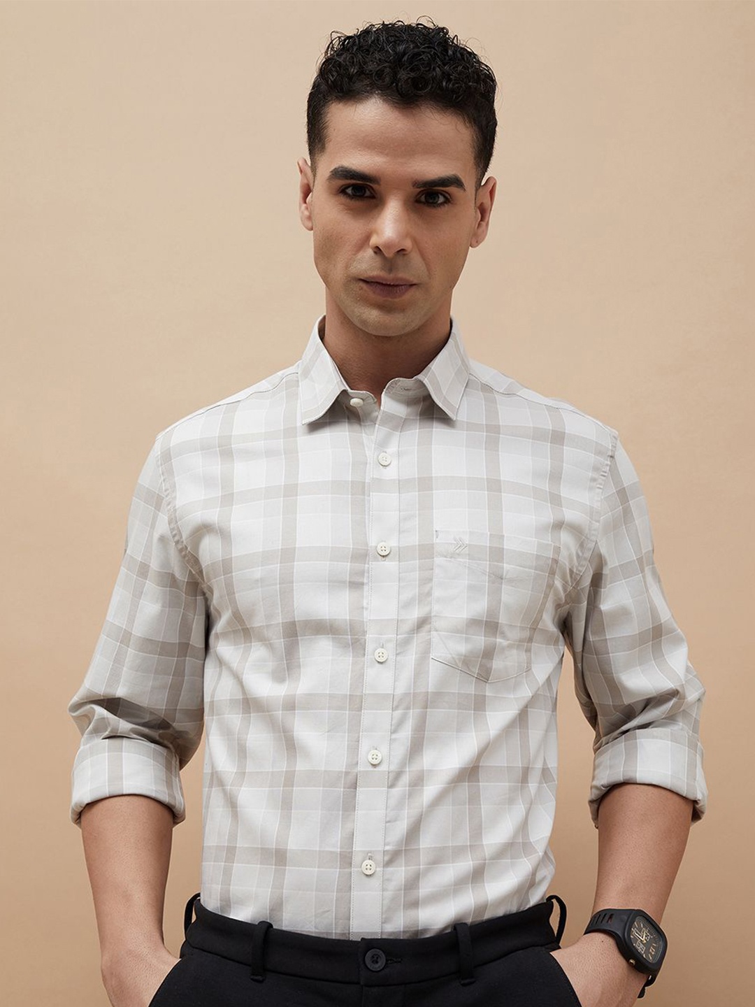 

CODE by Lifestyle Men Cutaway Collar Tartan Checked Cotton Casual Shirt, Beige