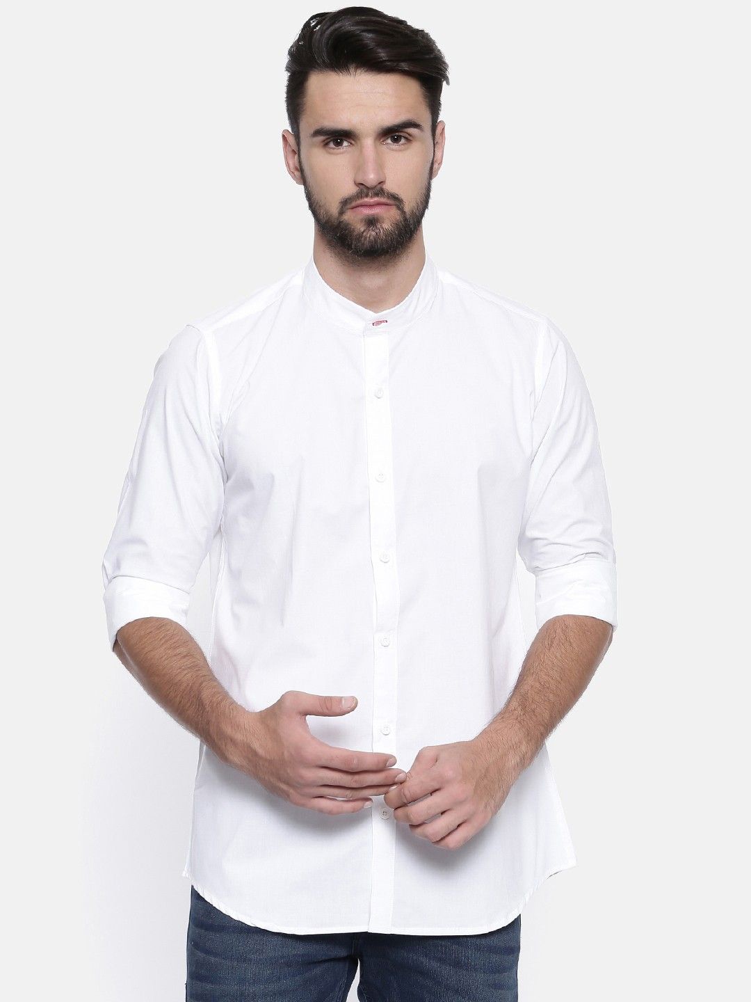 

Cross Court Men Band Collar Solid Cotton Slim Fit Casual Shirt, White