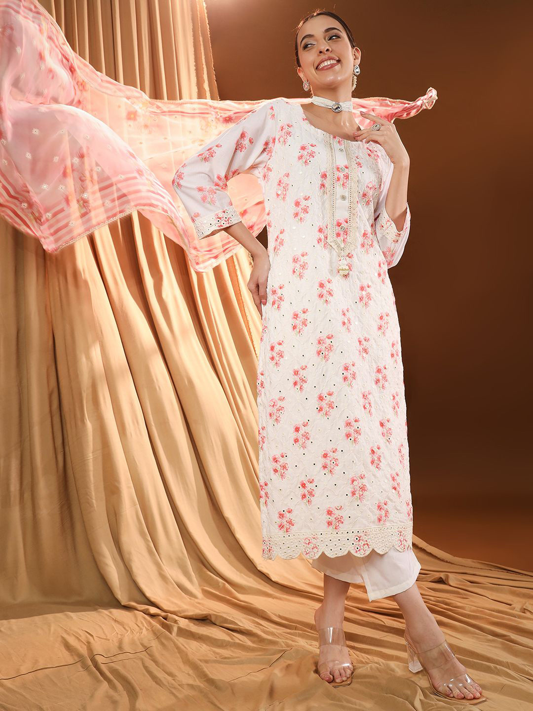 

VESH Women Floral Embroidered Regular Mirror Work Pure Cotton Kurta with Trouser & Dupatta, White