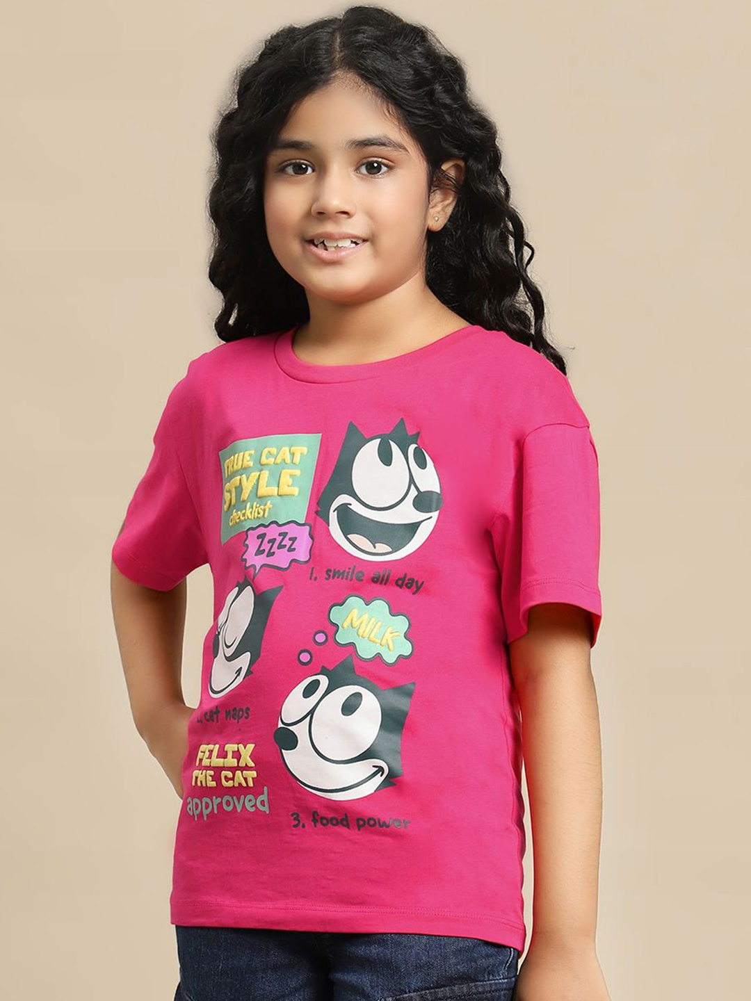

Kids Ville Girls Felix The Cat Printed Pure Cotton Tshirt, Pink