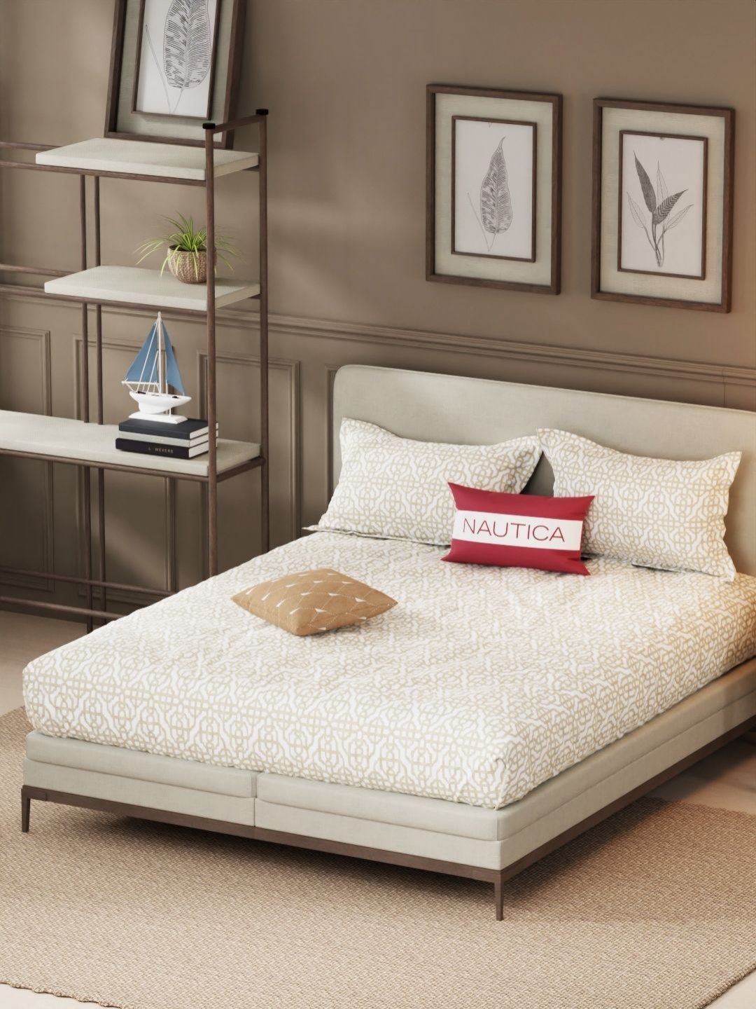 

Nautica Beige & White Geometric Cotton 210 TC King Bedsheet with 2 Pillow Covers