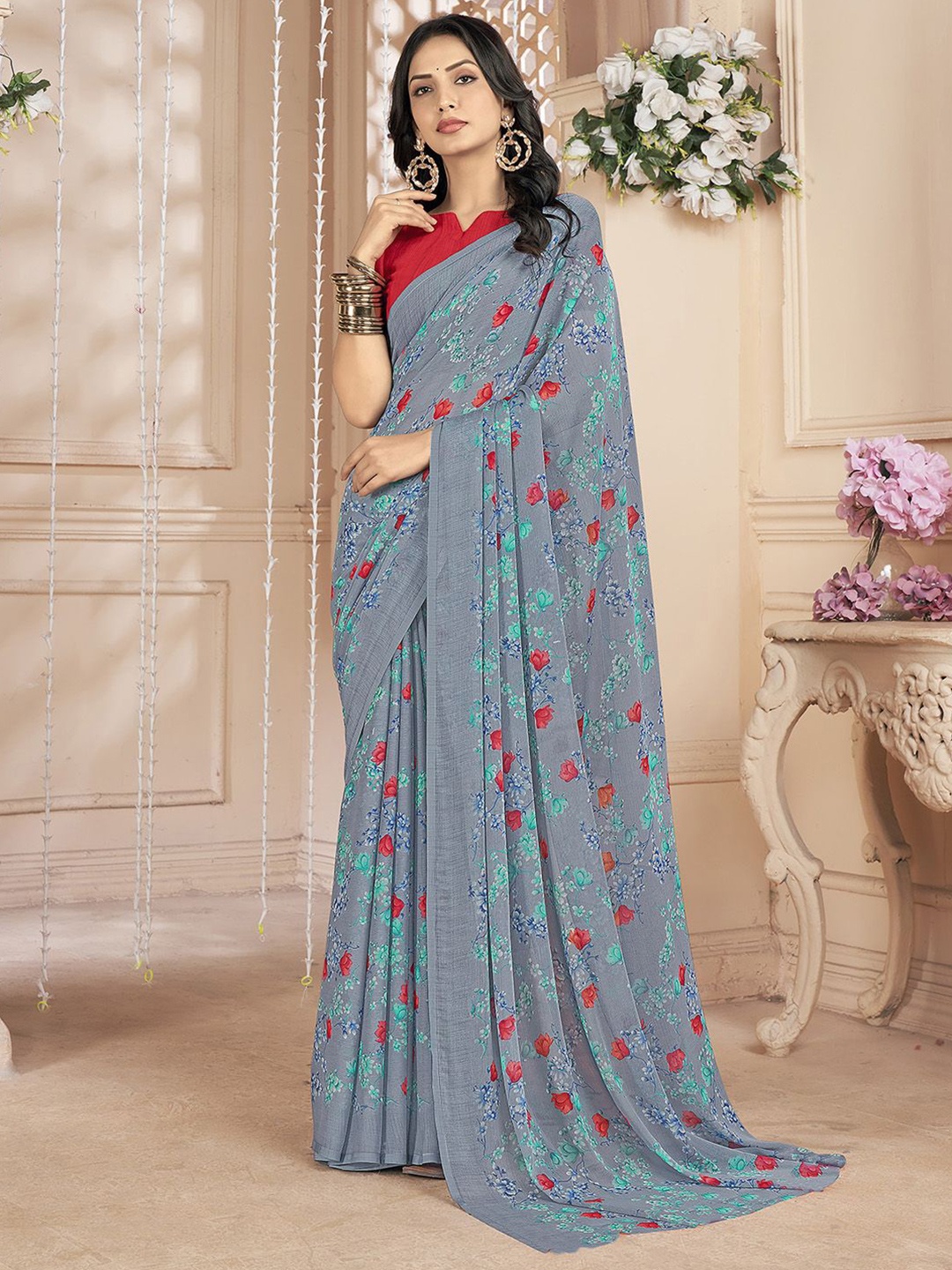 

KALINI Floral Poly Chiffon Saree, Grey