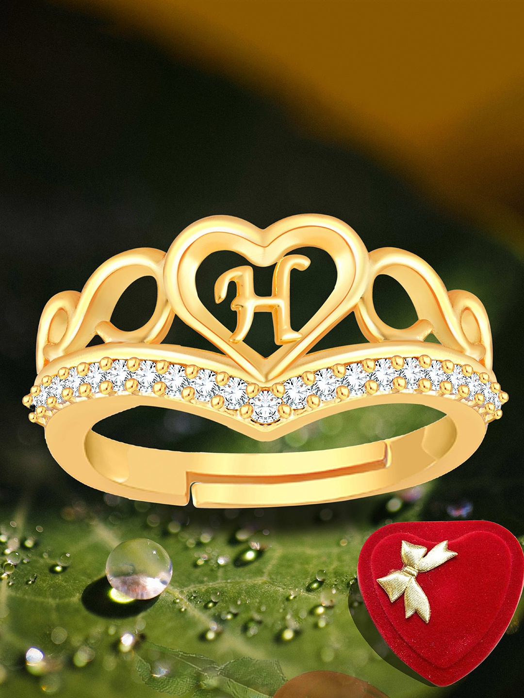 

Heer Collection Gold Plated American Diamond Studded Alphabet H Adjustable Finger Ring