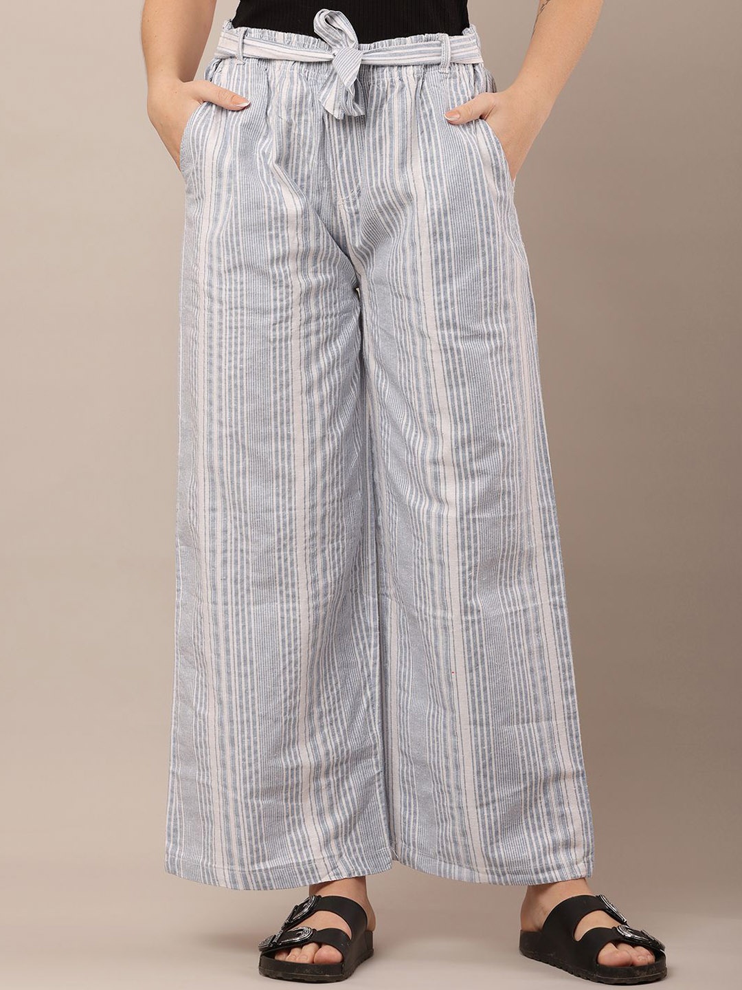 

NoBarr Women Striped Cotton Pleated Casual Parallel Trousers, Blue