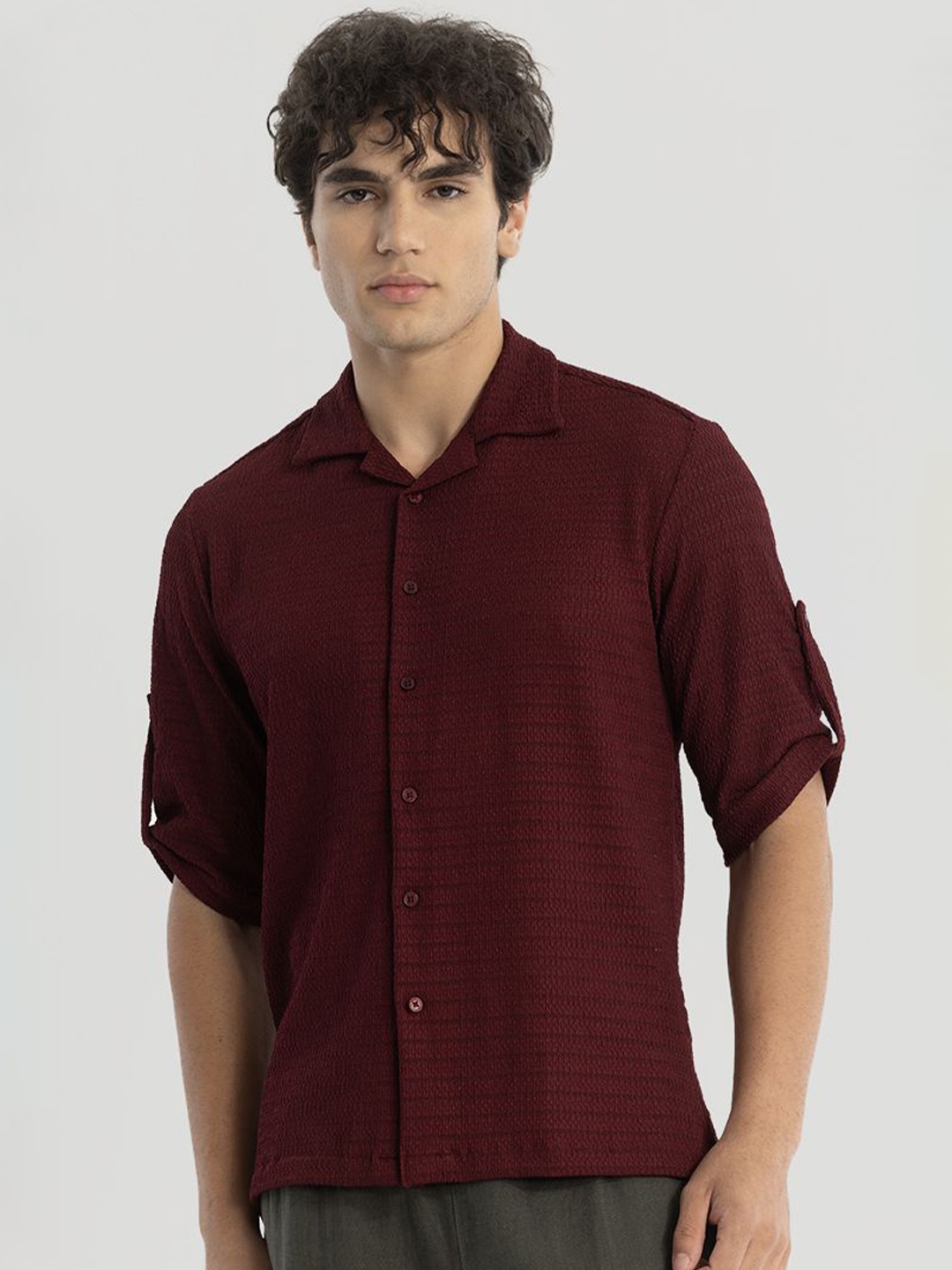

Snitch Men Comfort Cuban Collar Solid Boxy Casual Shirt, Maroon
