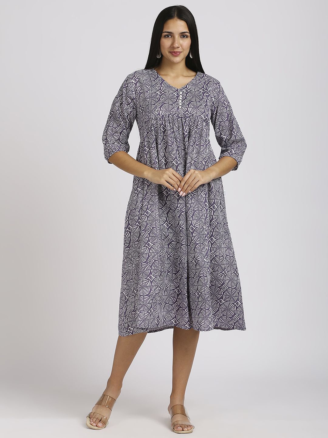 

MeeMee Ethnic Motifs Printed Applique Maternity Fit & Flare Midi Cotton Dress, Purple