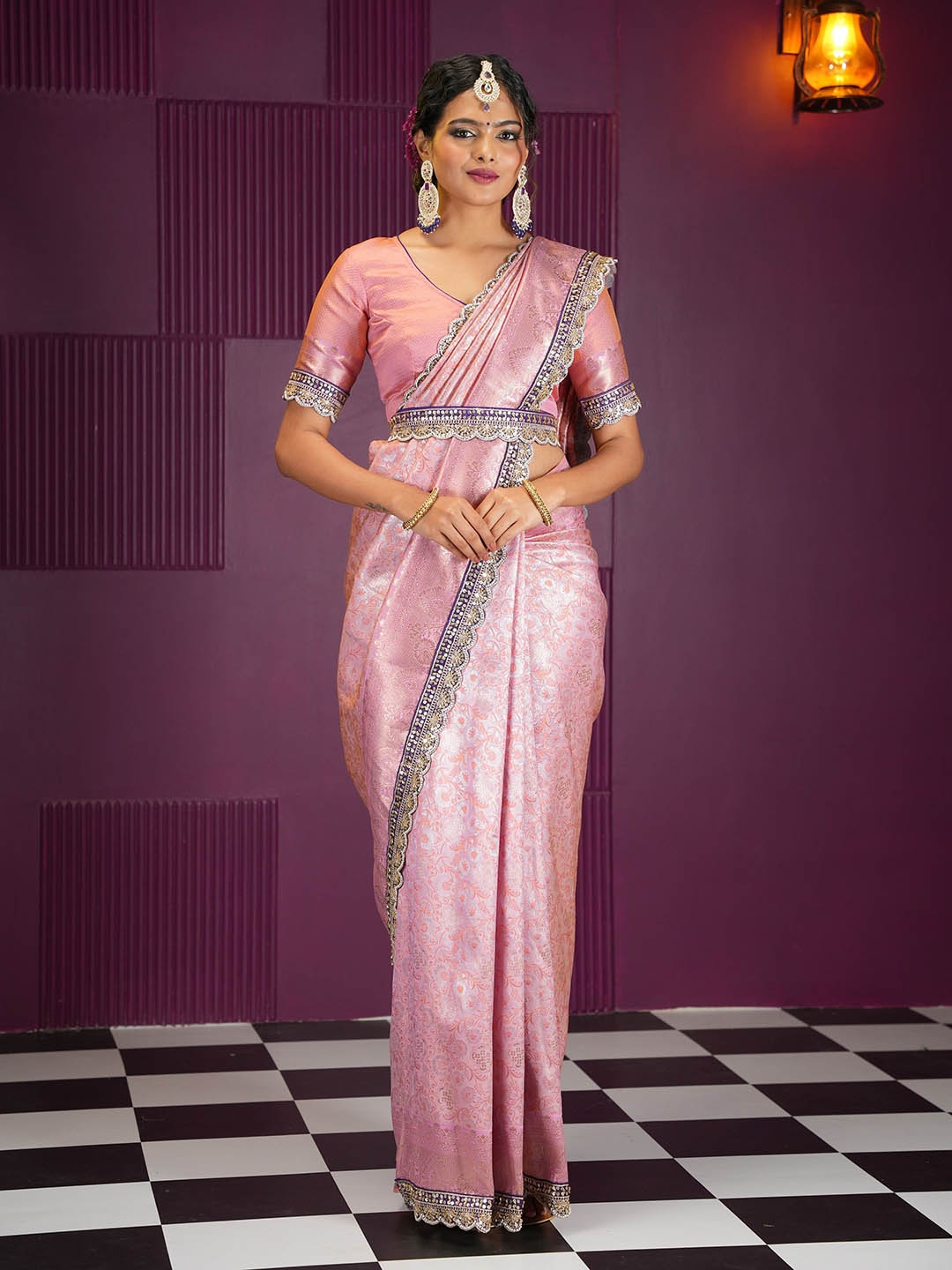 

MIMOSA Floral Zardozi Banarasi Saree, Pink