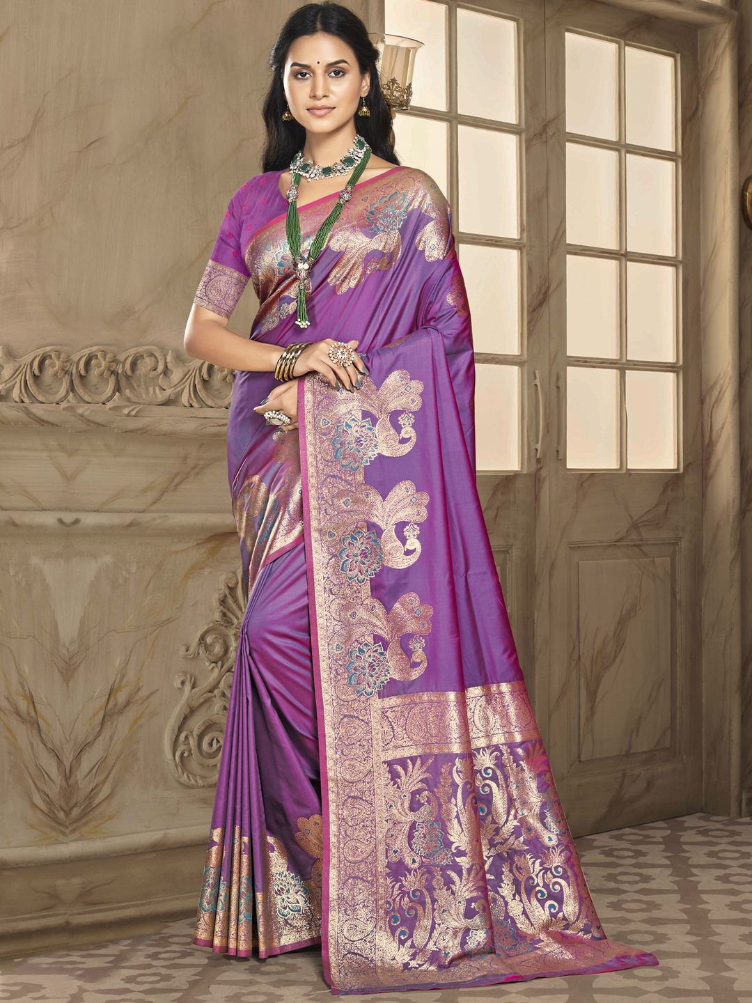 

SANGAM PRINTS Woven Design Zari Silk Blend Tussar Saree, Purple
