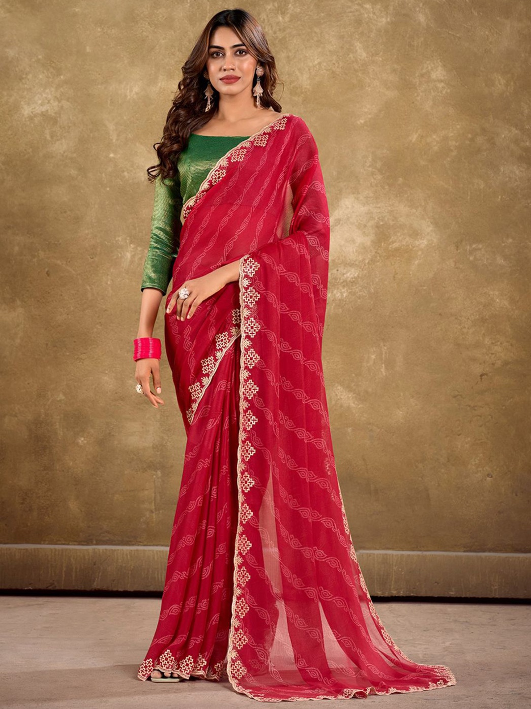 

Panzora Bandhani Embroidered Saree, Red