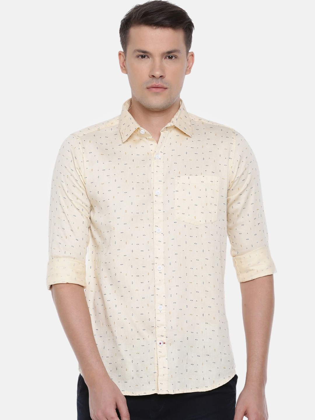 

Cross Court Men Spread Collar Micro Ditsy Printed Cotton Slim Fit Casual Shirt, Beige