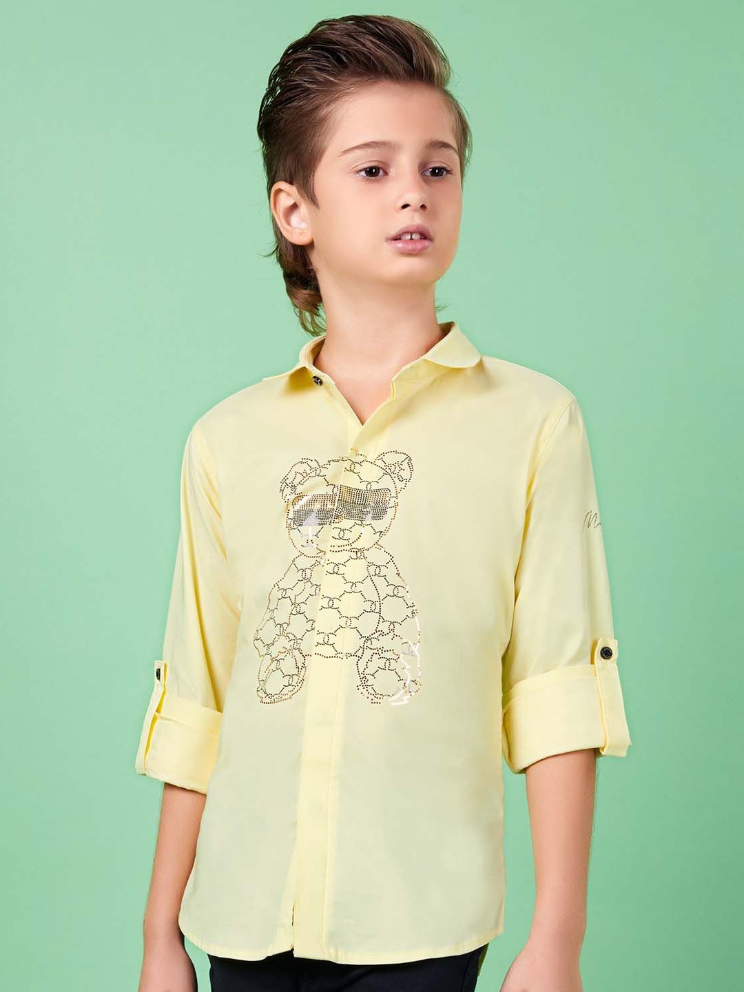 

MashUp Boys Classic Spread Collar Graphic Embellished Cotton Casual Shirt, Yellow