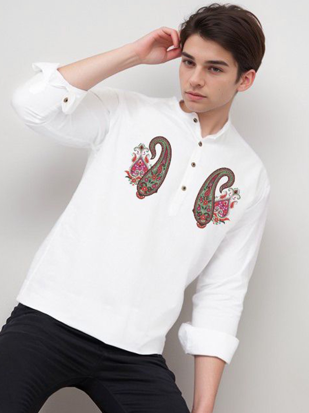 

DEVOILER Men Ethnic Motifs Printed White Romance Kurta