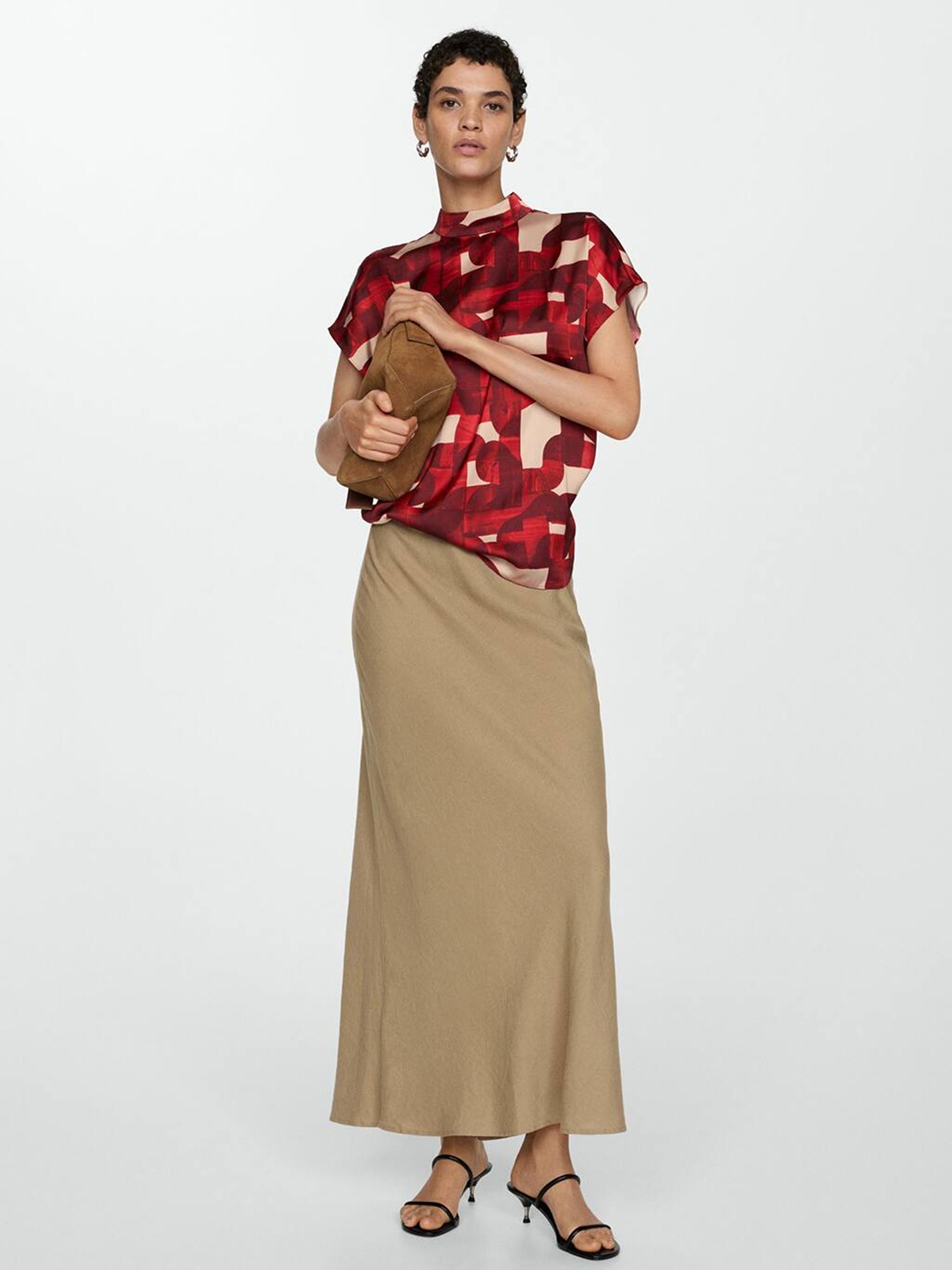 

MANGO Abstract Print Flared Sleeve Ruffles Top, Maroon