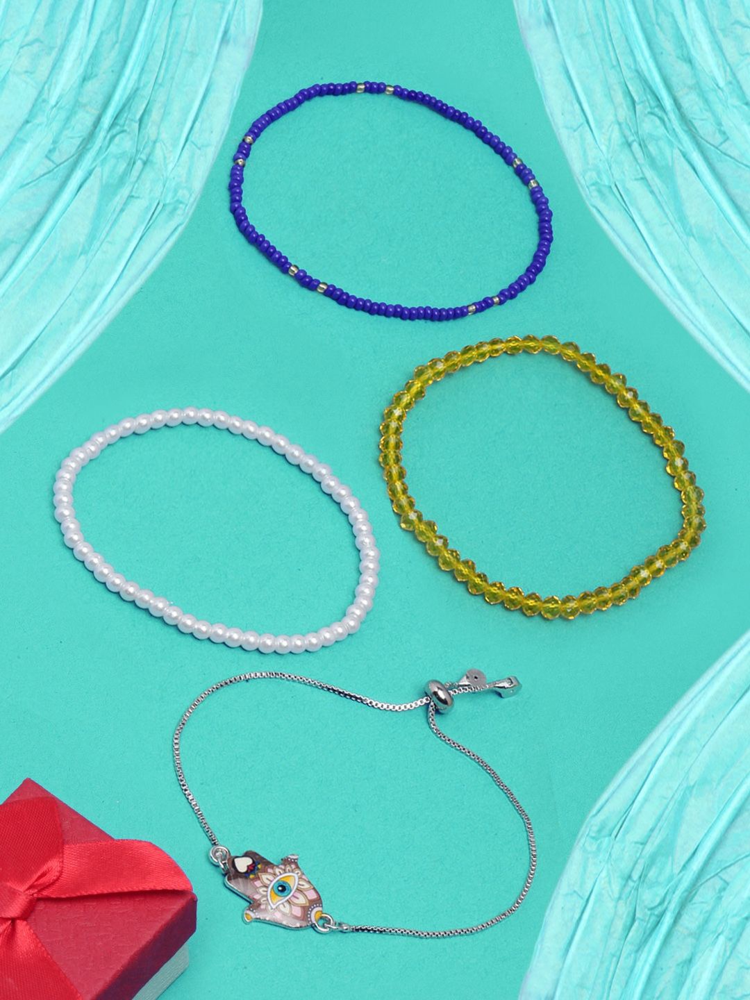 

KPOP Set Of 4 Gold-Plated Stone Studded & Beaded Charm Bracelet