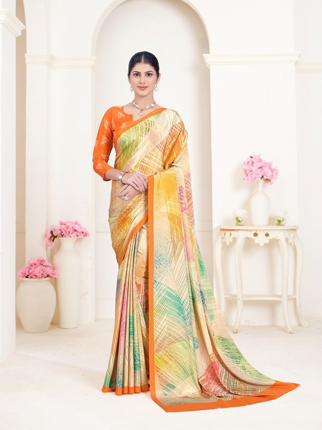 

JIVORA Abstract Printed Pure Silk Saree, Orange