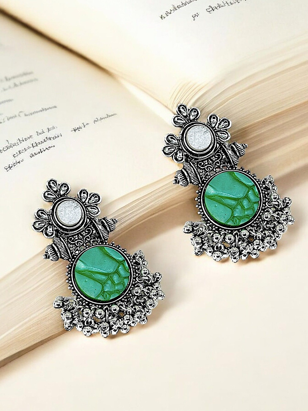 

9blings Silver Plated Artificial Stones Studded Circular Drop Earrings, Green