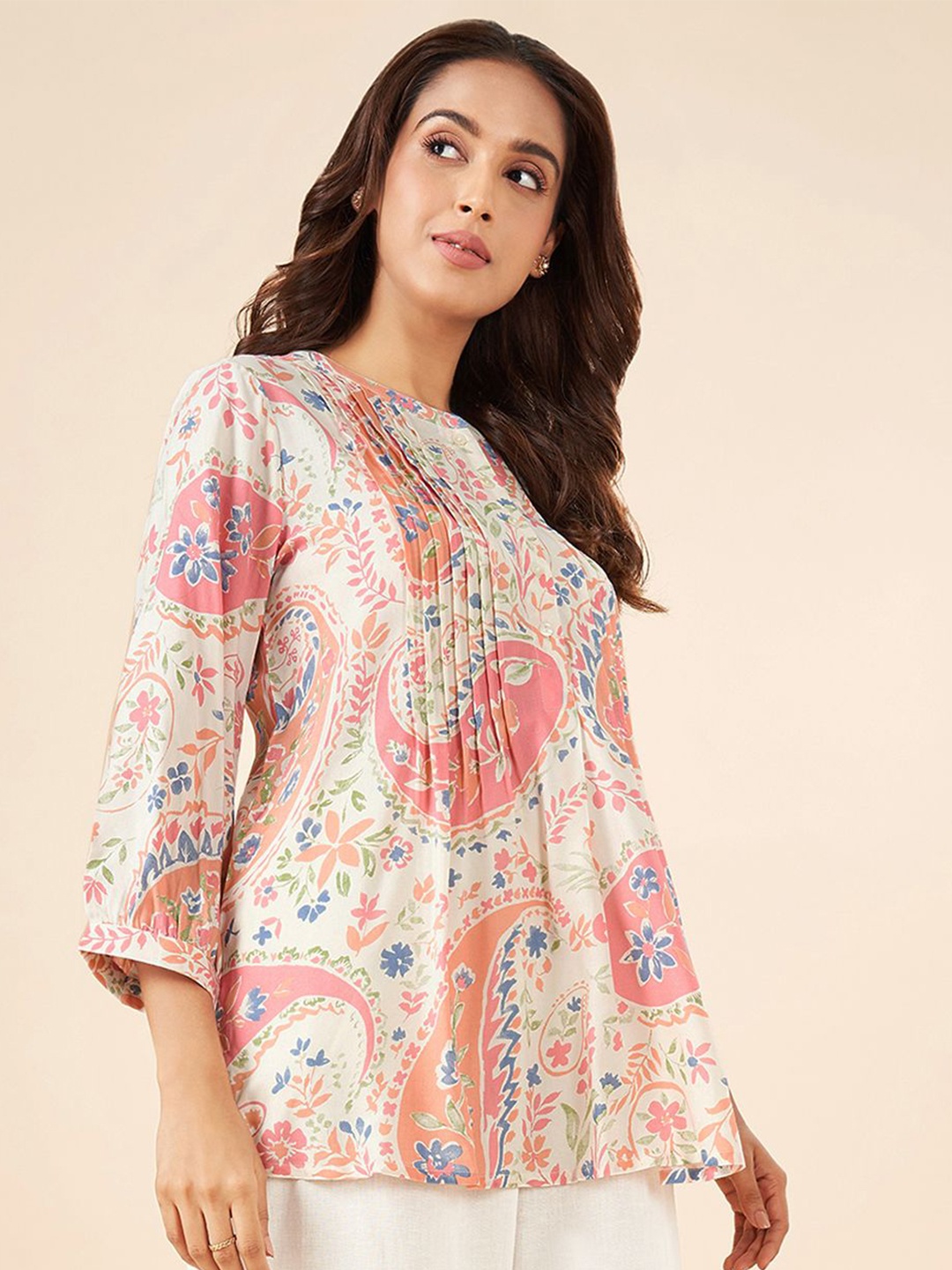 

AKKRITI BY PANTALOONS Modal Mandarin Collar Printed Tunic, Mauve