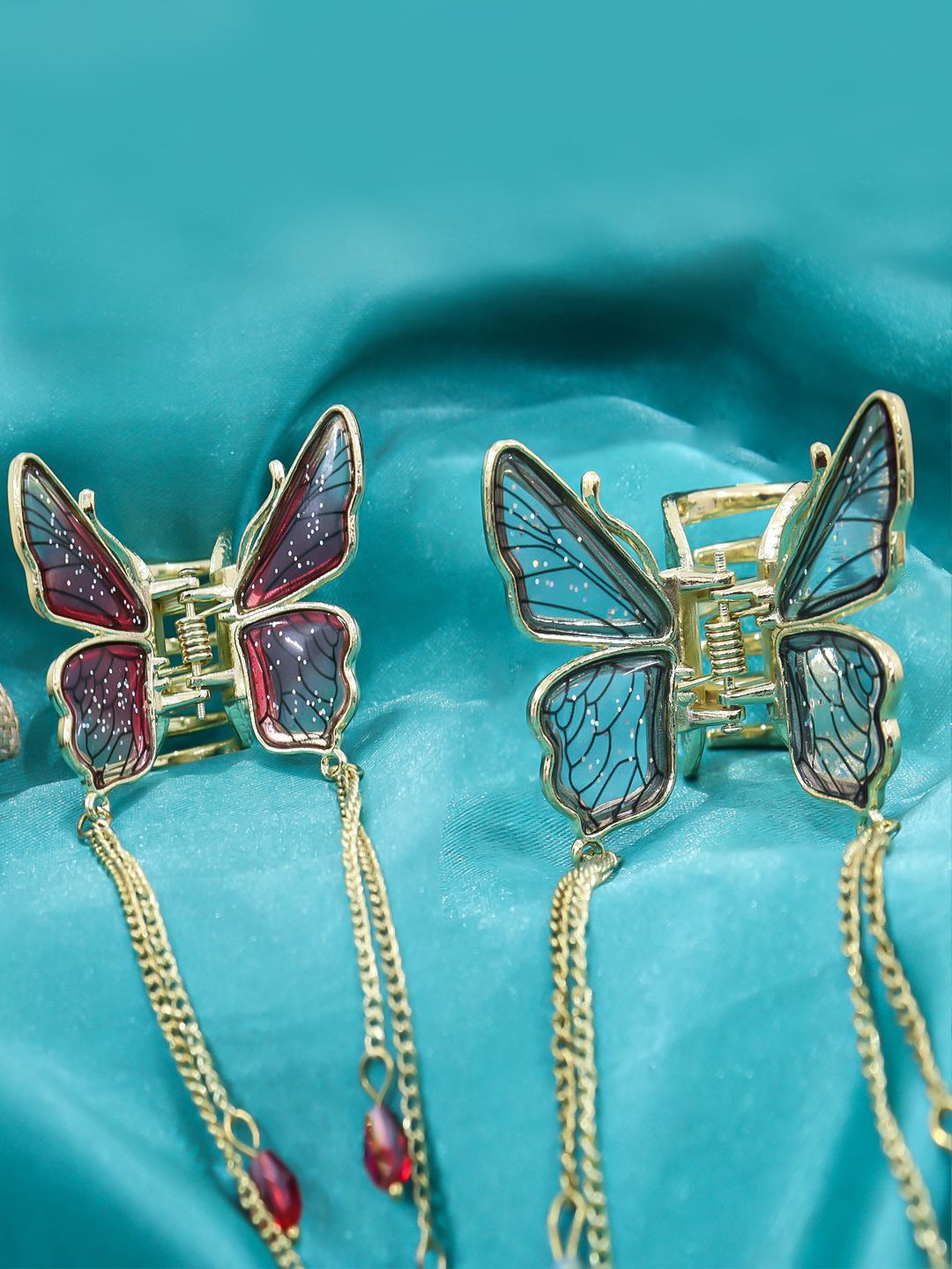 

KRENOZ Women Set Of 2 Beaded Butterfly Wing Hair Claw Clips, Blue