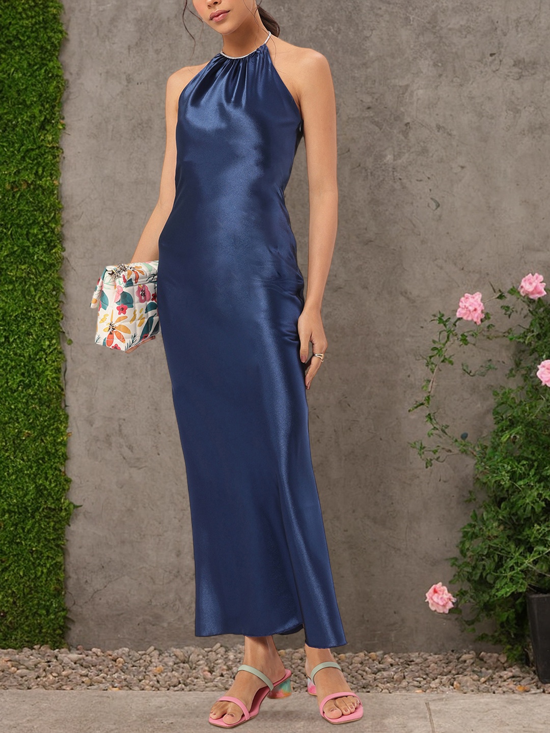 

DressBerry Plush Perfection Satin Finish Halter Neck Maxi Dress, Blue