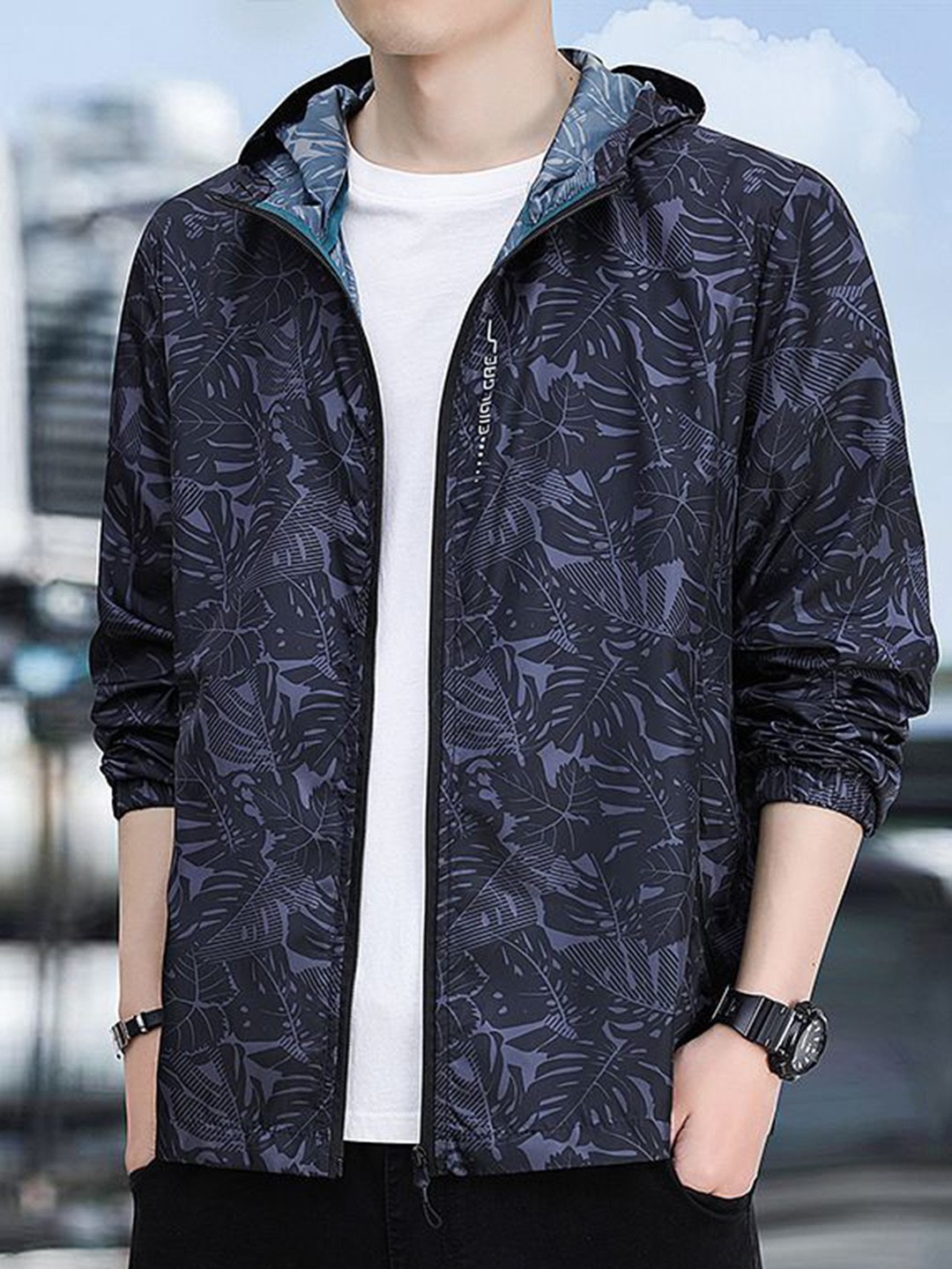 

StyleCast x Revolte Men Floral Hooded Tailored Jacket, Black