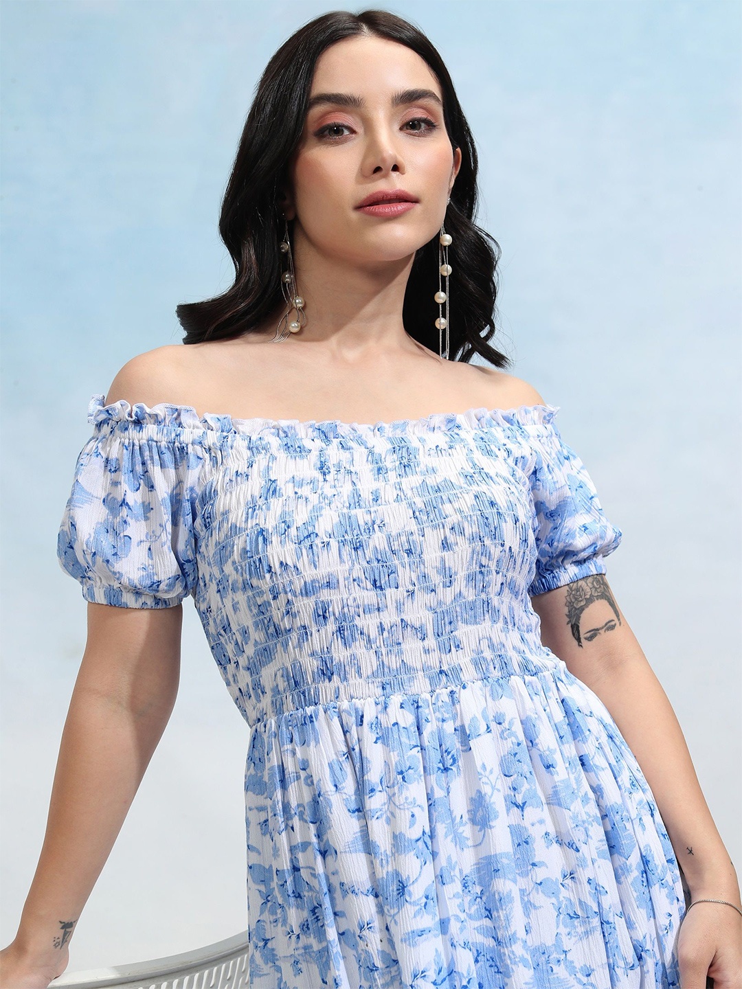 

Tokyo Talkies Floral Printed Off-Shoulder Puff Sleeve Fit & Flare Dress, Blue