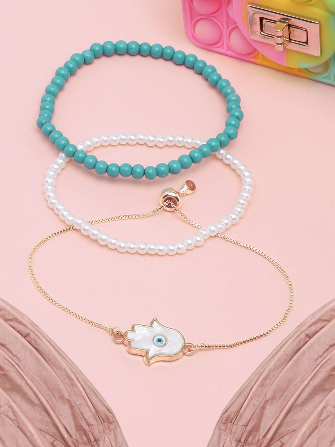 

KPOP Set Of 3 Rose Gold-Plated Stone Studded & Beaded Charm Bracelet