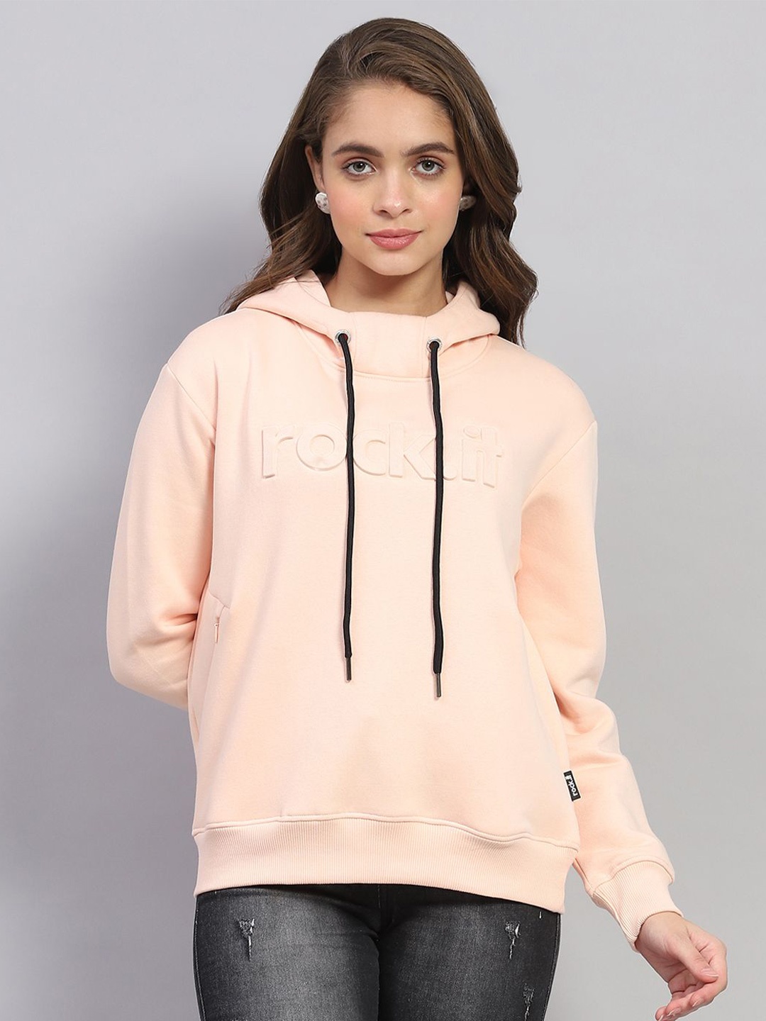 

rock.it Women Solid Hooded Cotton Pullover Sweatshirt, Peach