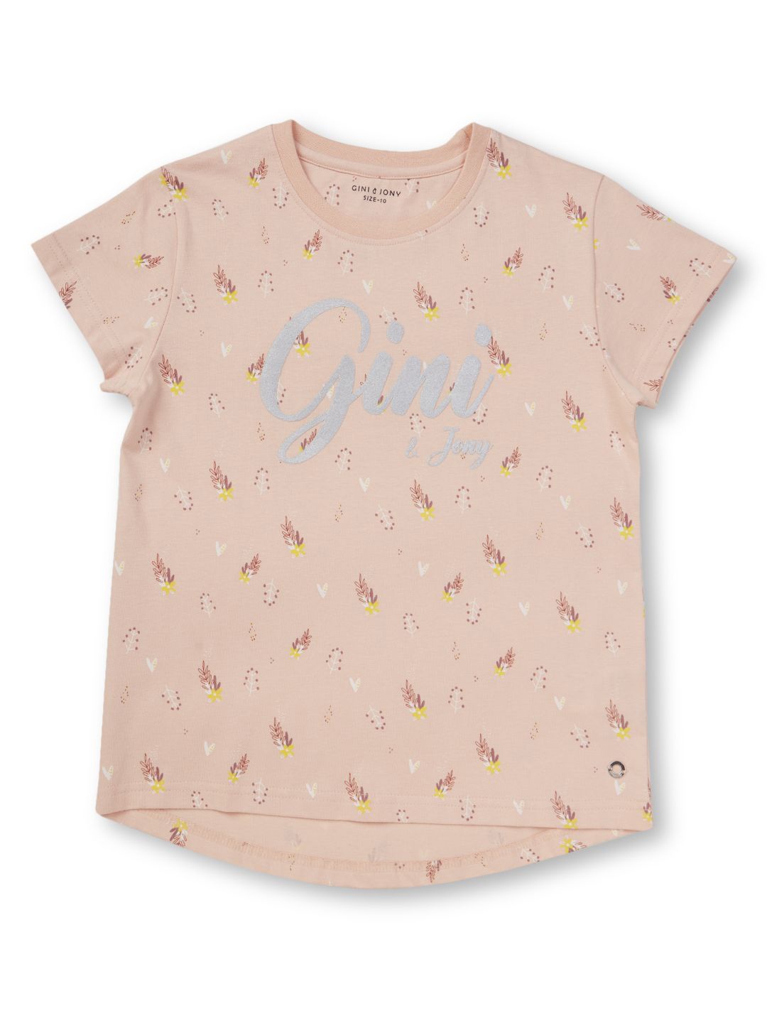 

Gini and Jony Girls Floral Printed Round Neck Cotton T-Shirts, Peach