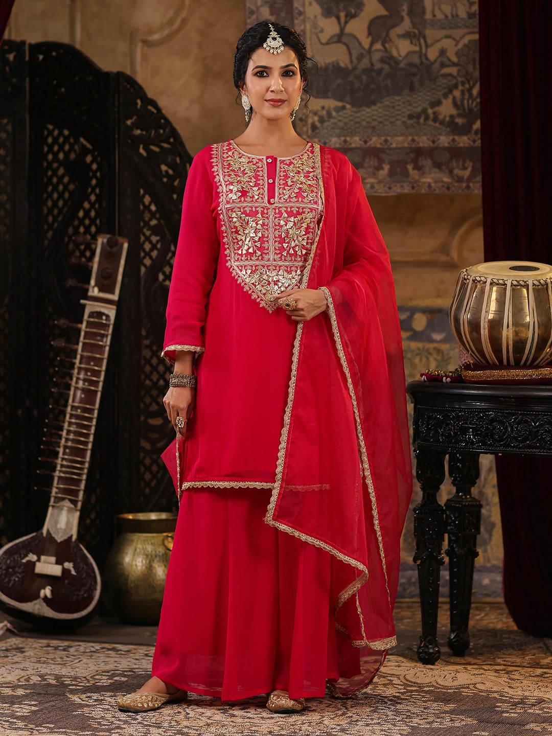 

SCAKHI Ethnic Motifs Embroidered Gotta Patti Georgette Kurta with Palazzos & Dupatta, Fuchsia