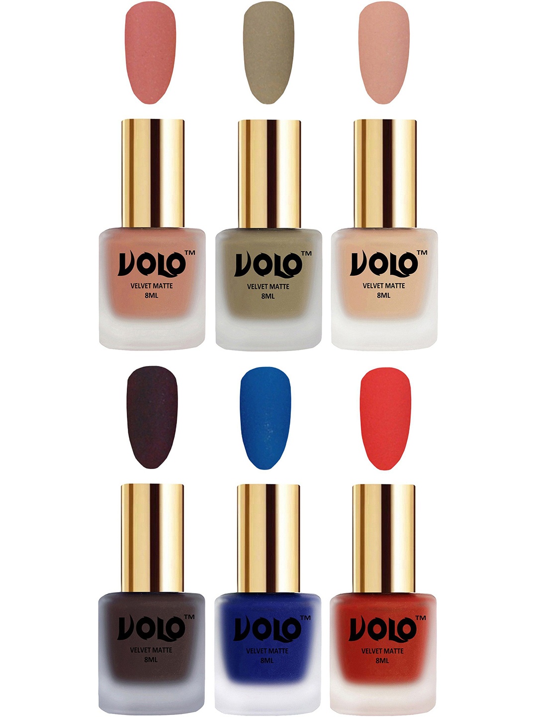 

VOLO Set Of 6 Velvet Matte Nail Polish - 8 ml Each Shade - Coral - Sand Nude - Light Peach, Multi