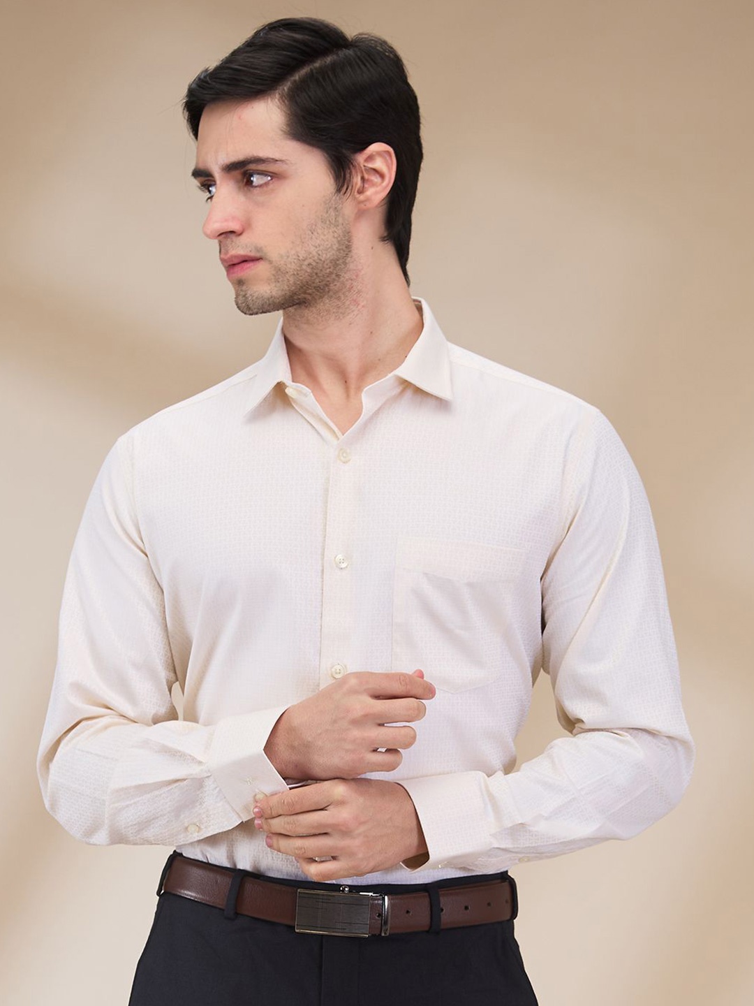 

Park Avenue Men Spread Collar Typography Striped Cotton Formal Shirt, Beige