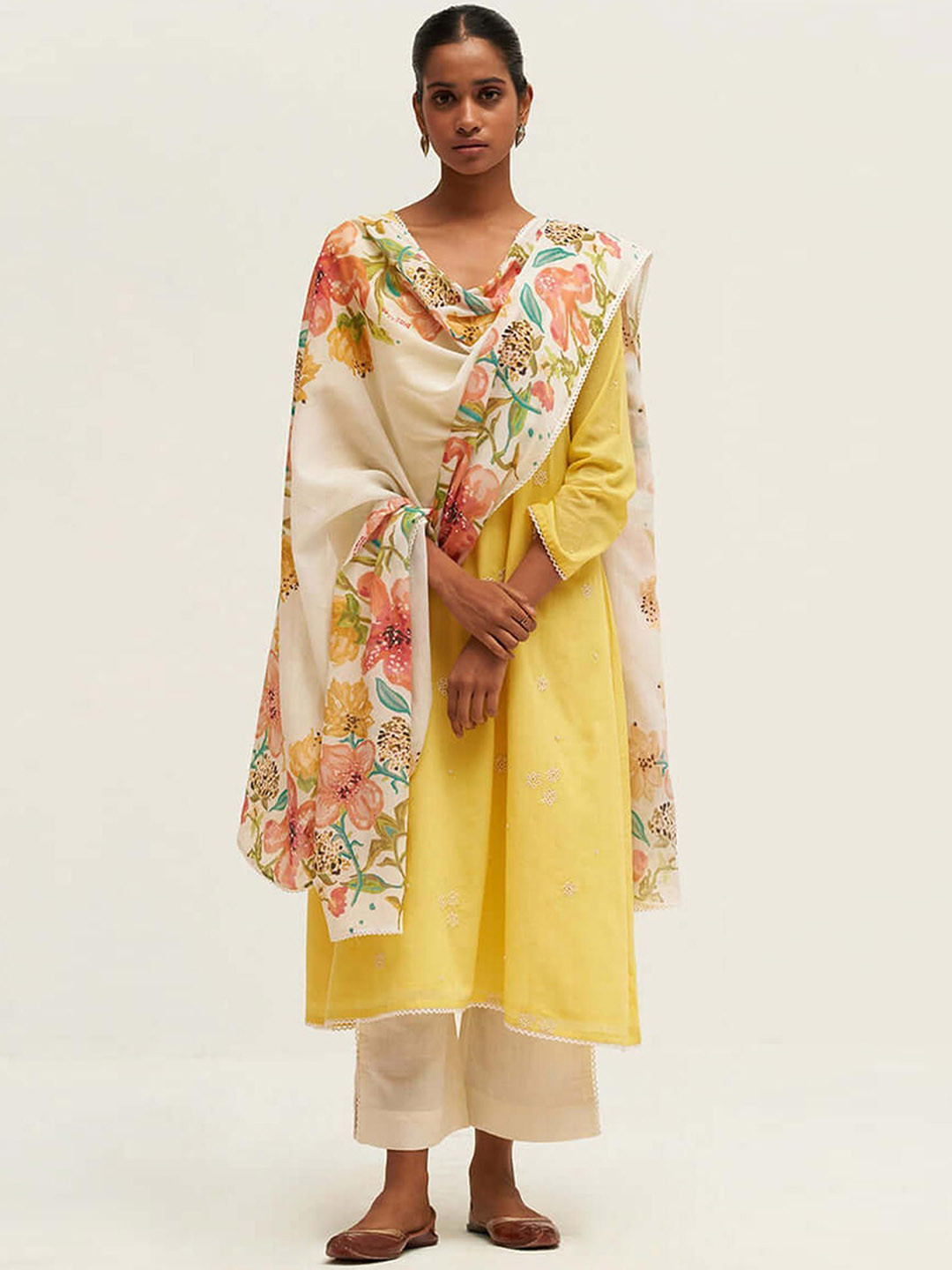 

Ganga Floral Embroidered Thread Work Pure Cotton Kurta with Palazzos & Dupatta, Yellow