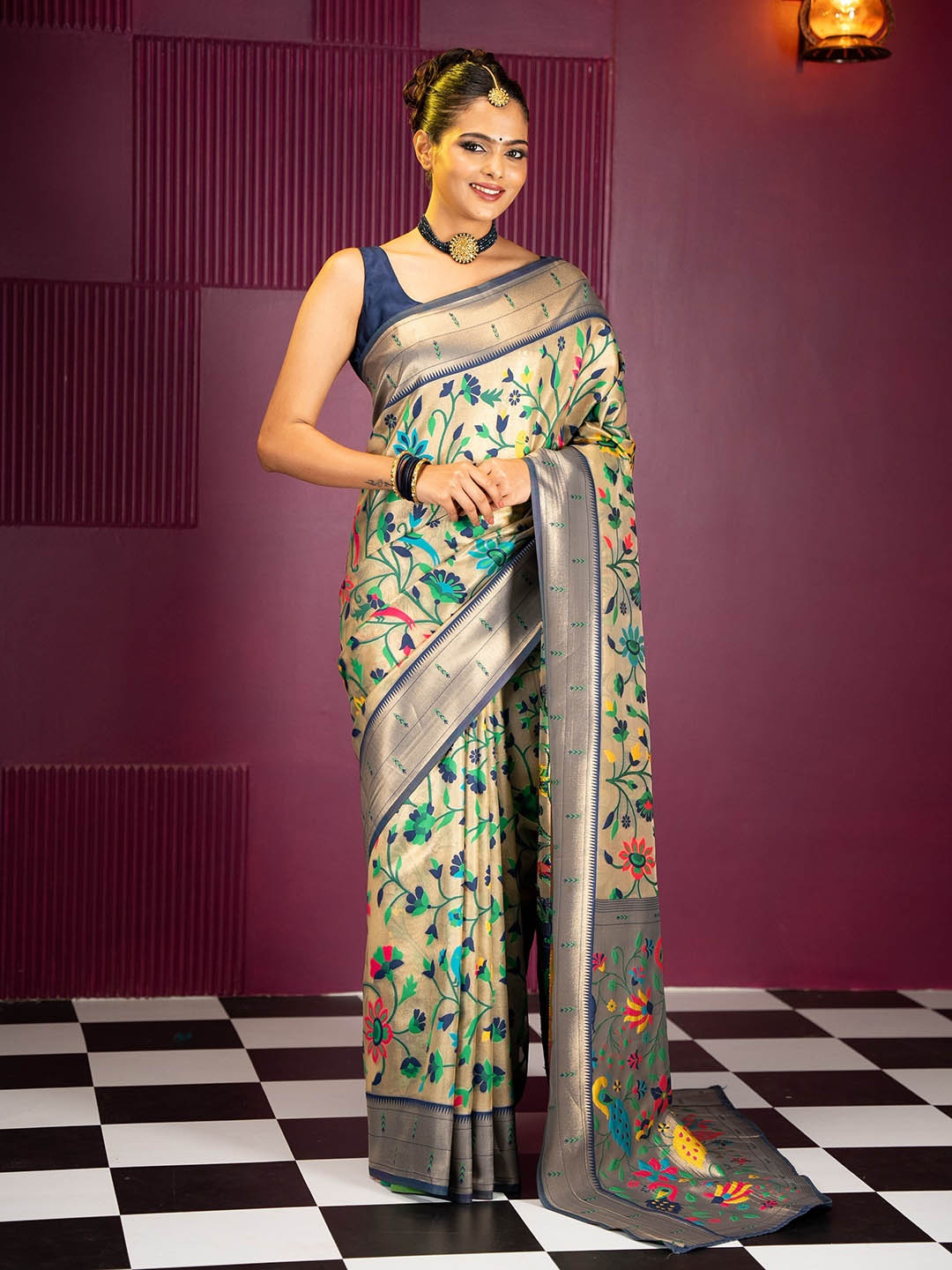 

MIMOSA Floral Zari Banarasi Saree, Navy blue