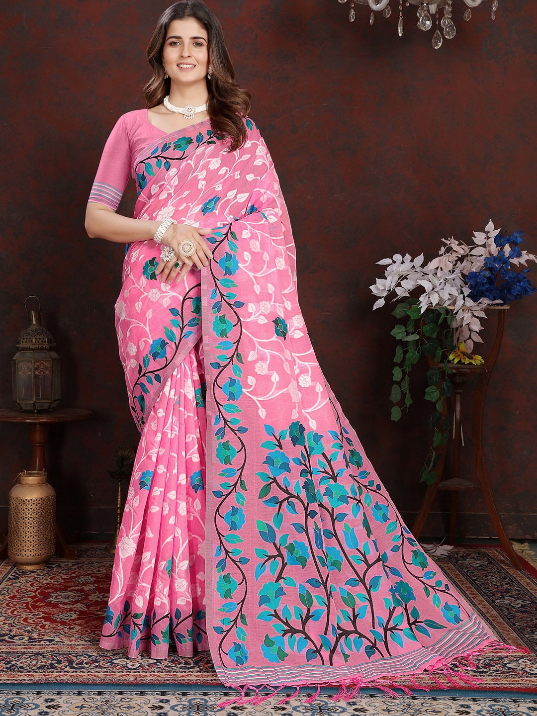 

MAHALASA Ethnic Motifs Pure Cotton Saree, Pink