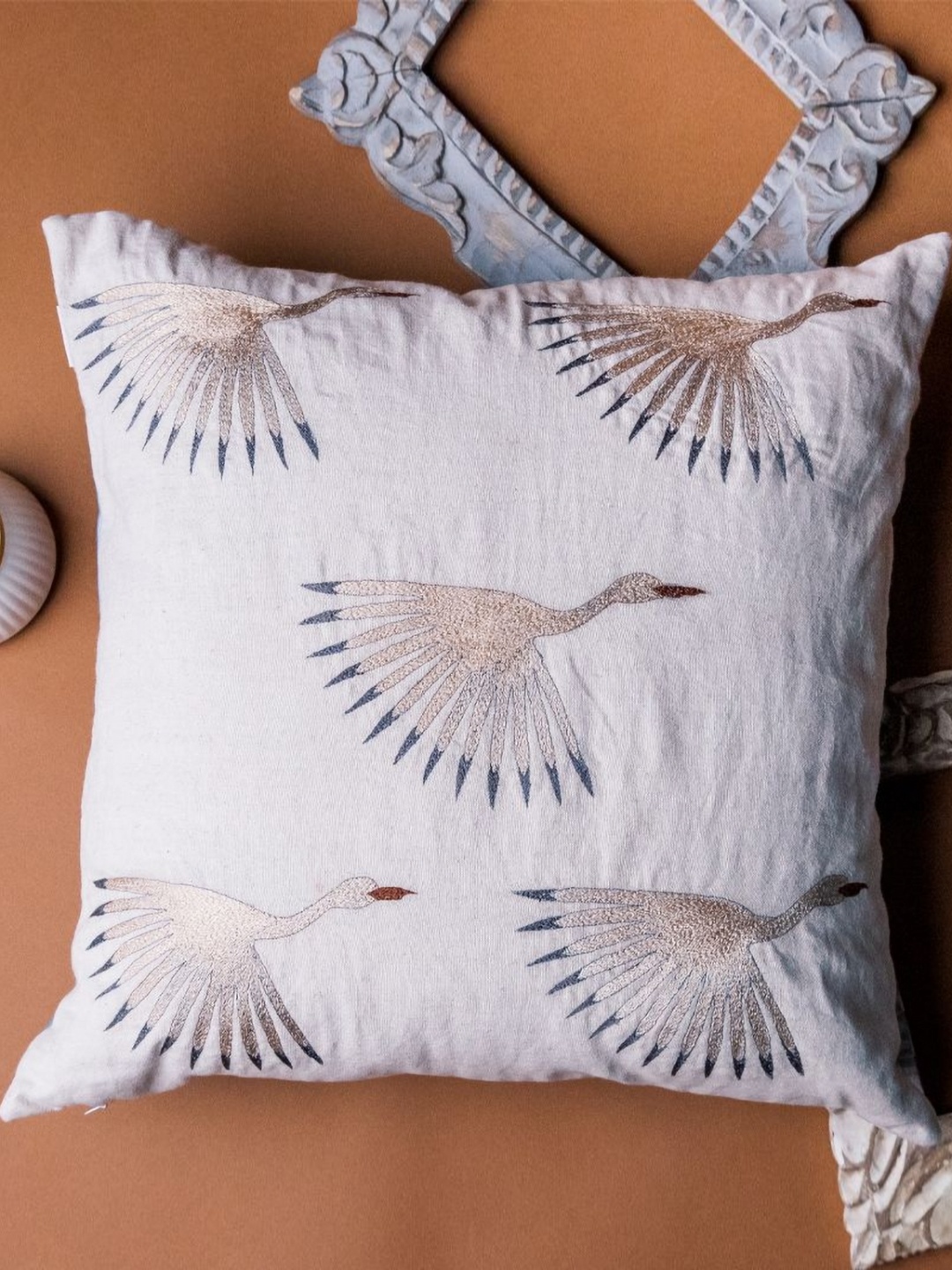 

ALCOVE Beige & Gold Toned Embroidered Linen Square Cushion Cover