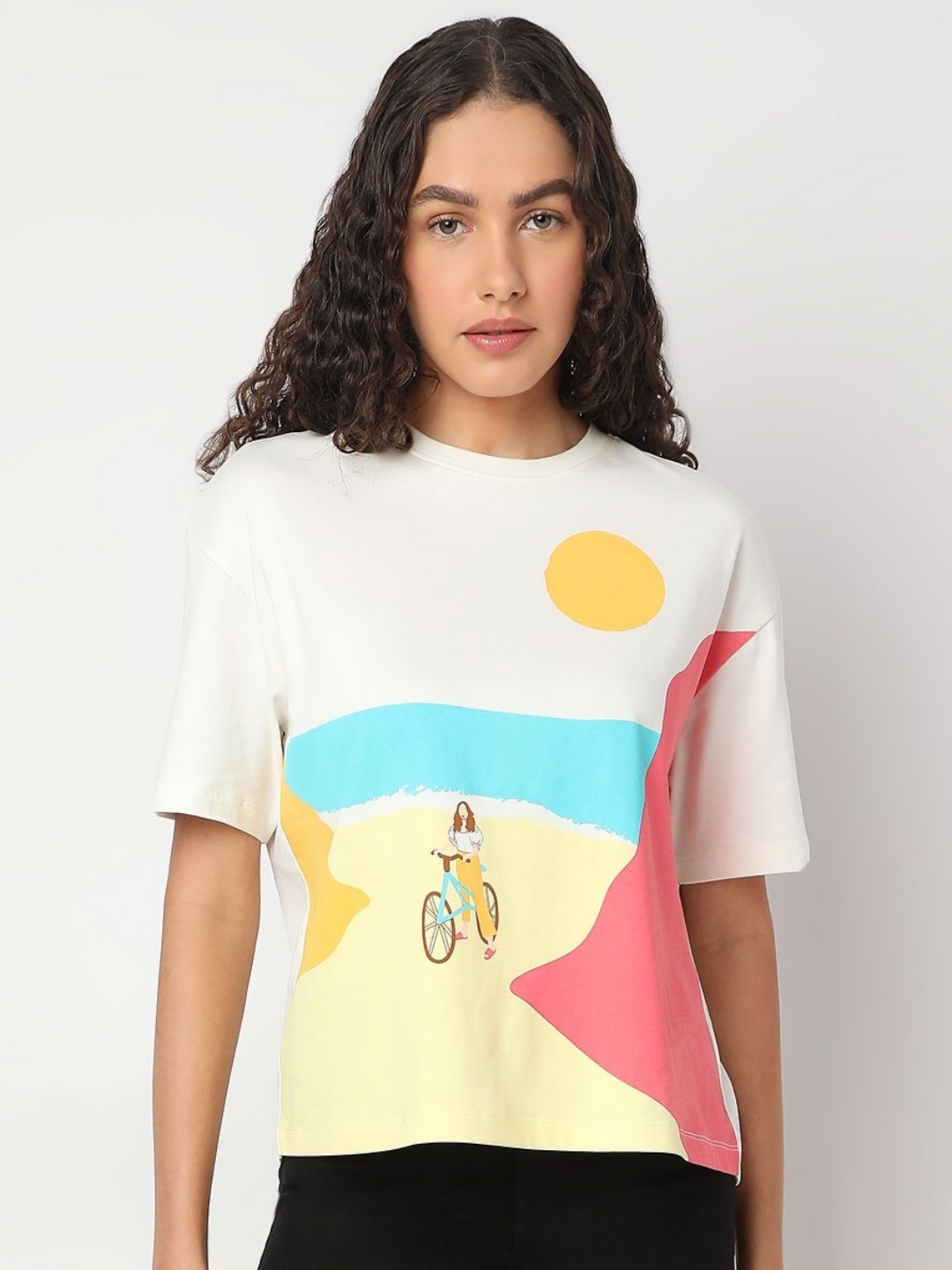 

Vero Moda Women Abstract Printed Round Neck Cotton T-shirt, White