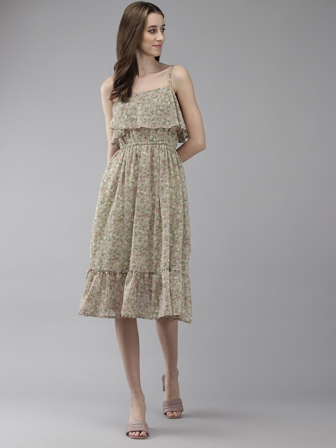 

BAESD Women Floral Printed Fit & Flare Midi Dress, Green