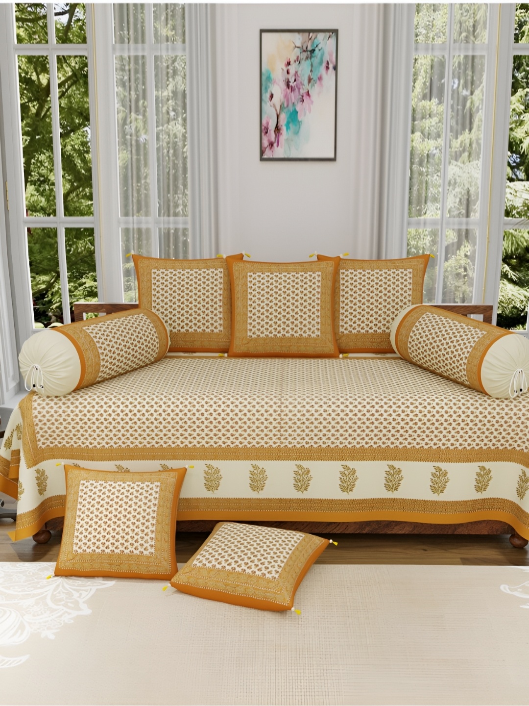 

The Craft Monk Beige & Brown 8 Pieces Floral Printed Pure Cotton Diwant Set