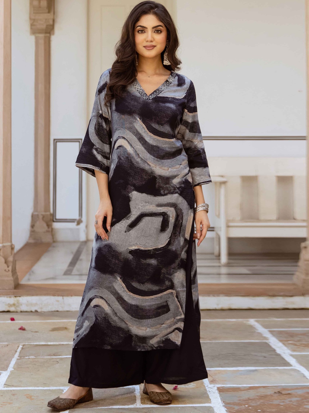 

KALINI Women Printed Regular Beads and Stones Kurta with Palazzos, Navy blue