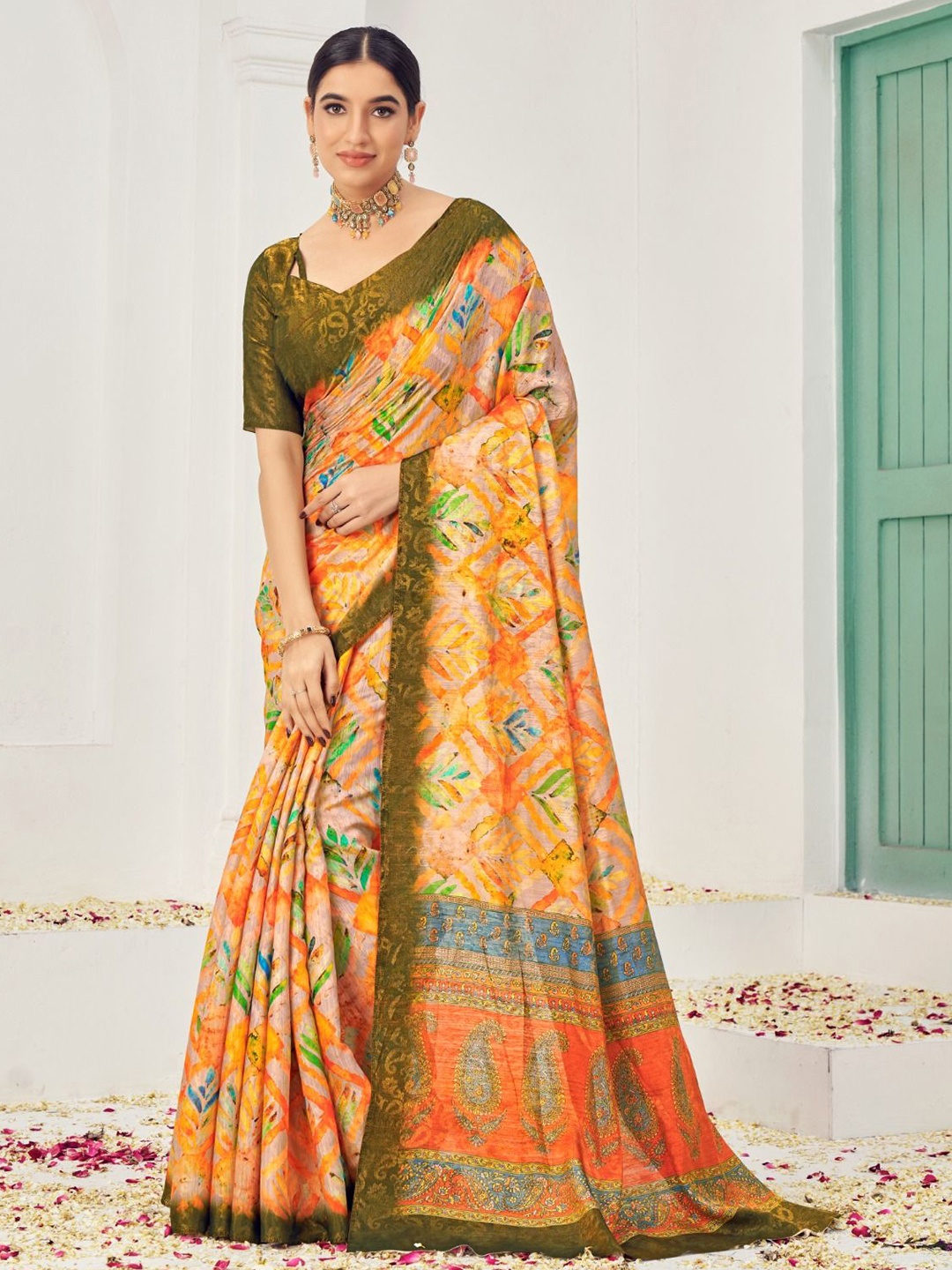 

JIVORA Ethnic Motifs Printed Pure Silk Saree, Orange