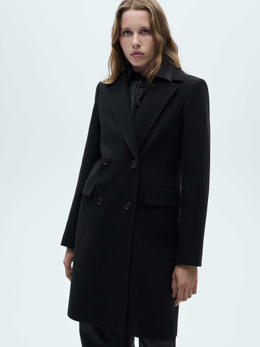 

MANGO Double-Breasted Wool Coat, Black