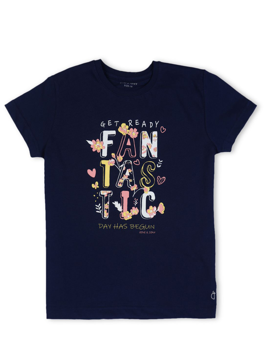 

Gini and Jony Girls Typography Printed Round Neck Cotton Top, Navy blue