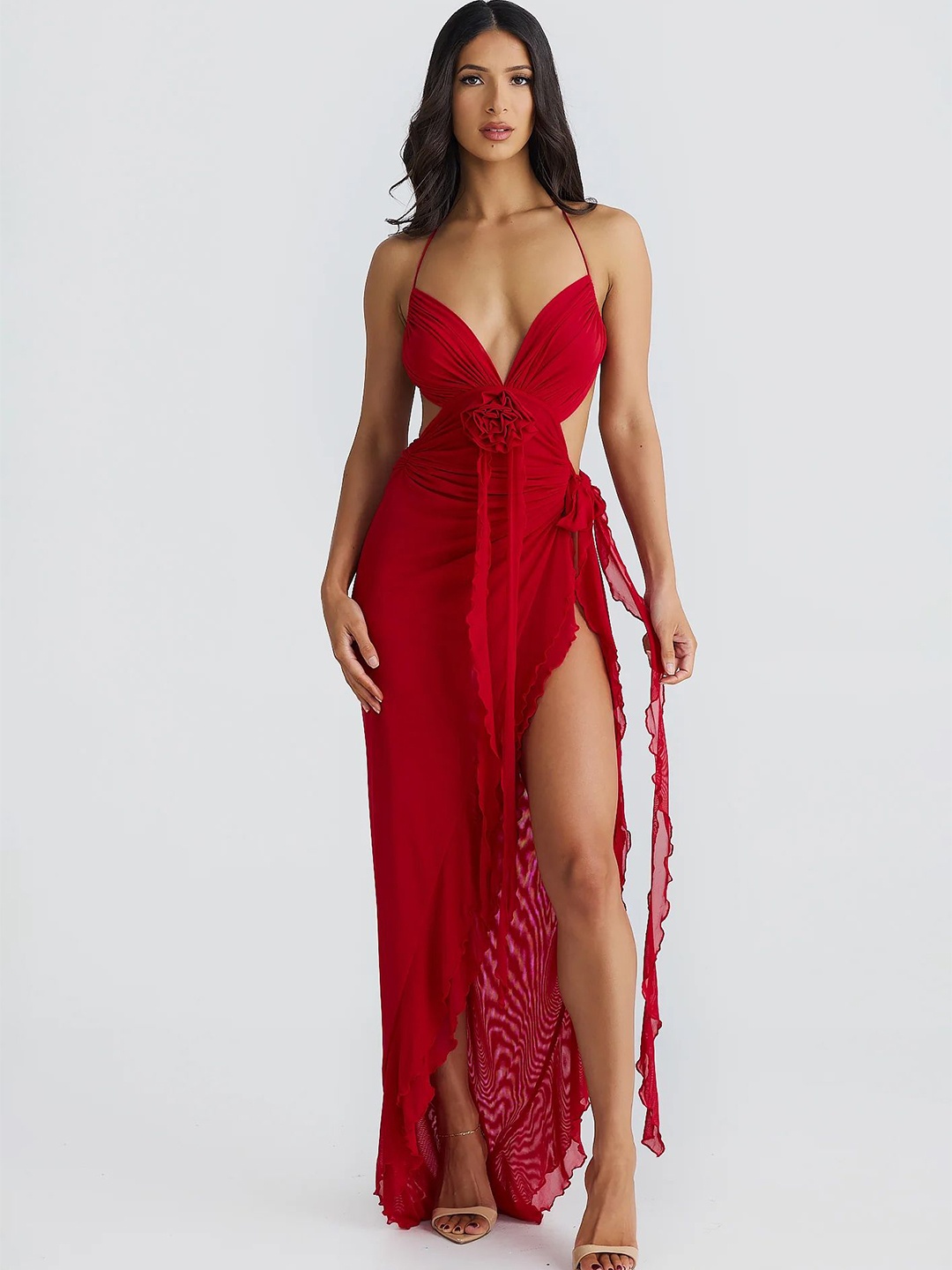

LULU & SKY Women Solid Shoulder Straps Maxi Dress, Red